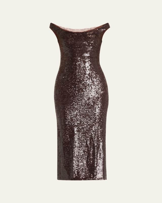 Off-The-Shoulder Sequin Midi Dress